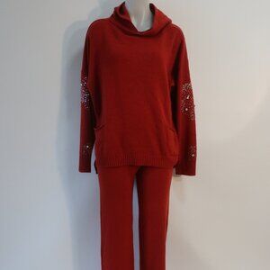NWT Womens Regina Brick Red Cashmere 2 Pc Set Palazzo Pants Cowl Neck Sweater L